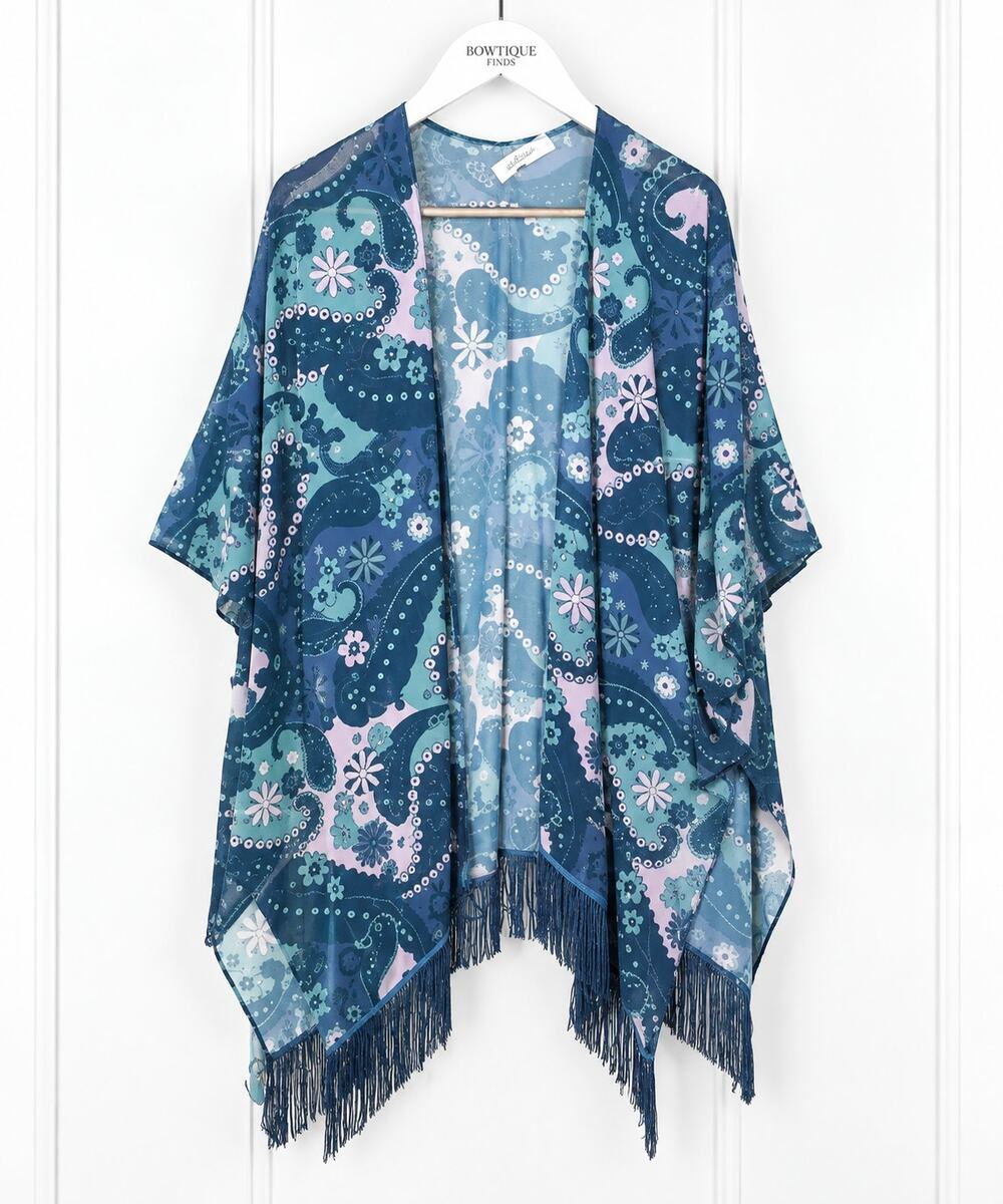 Urban Outfitters Kimono Womens OS Blue Paisley Floral Sheer Fringe Boho Wrap
